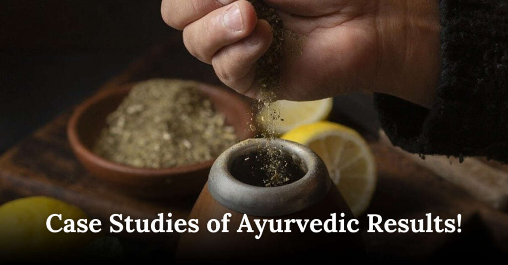 Image of a human hand filling a container with Ayurvedic medicine and the image contains text over it. 