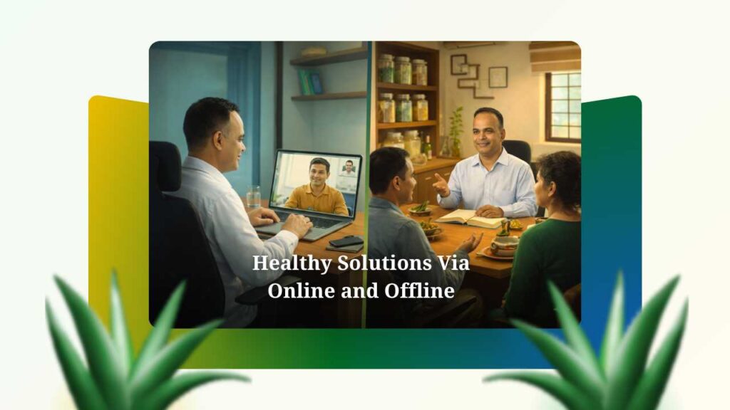 English Article Images - Dr. Anil Rai (1280 x 720 px) - 1 Images show Dr. Anil Rai providing the best Ayurvedic doctor solutions via a video call and a meeting with a couple in person in the clinic.
