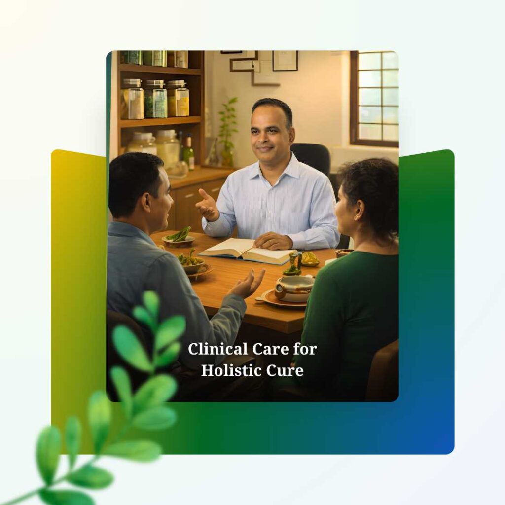 Dr. Anil Rai Logo -1080:1080px and website images - 24 Ayurvedic physician Dr. Anil Rai providing clinical care and relationship management consultation to a couple. Features text "Clinical Care for Holistic Cure" on a green and yellow backdrop.