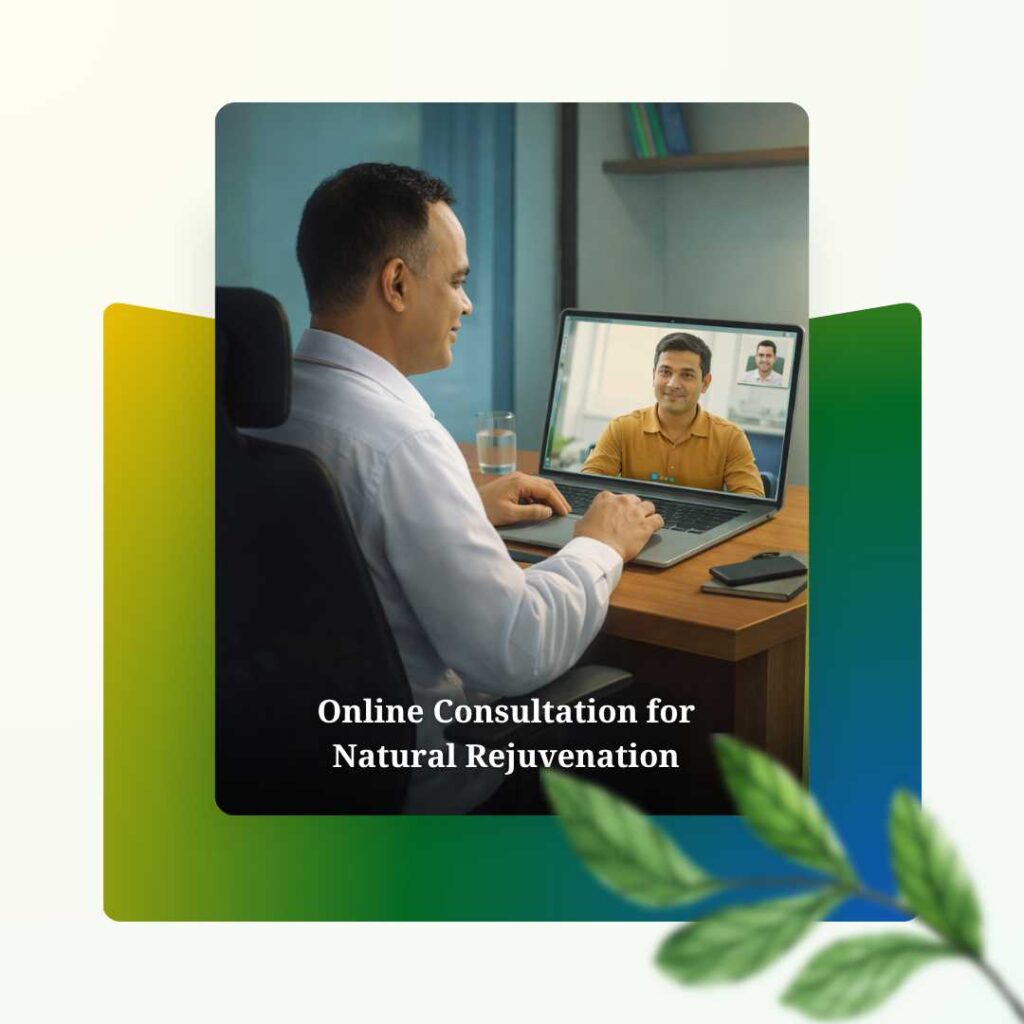 Dr. Anil Rai Logo -1080:1080px and website images - 23 Ayurvedic physician Dr. Anil Rai is providing online consultation via laptop to a happy male client. Text reads "Online Consultation for Natural Rejuvenation" on a green and yellow background.