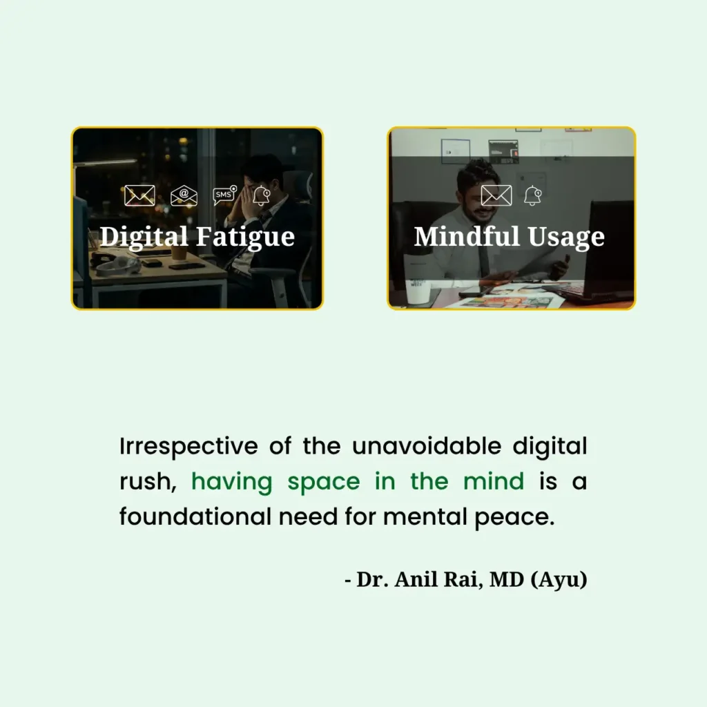 Digital fatigue vs. mindful usage featuring stressed and happy professionals. Dr. Anil Rai, MD (Ayu) quote on mental peace and space in the mind despite the unavoidable digital rush.