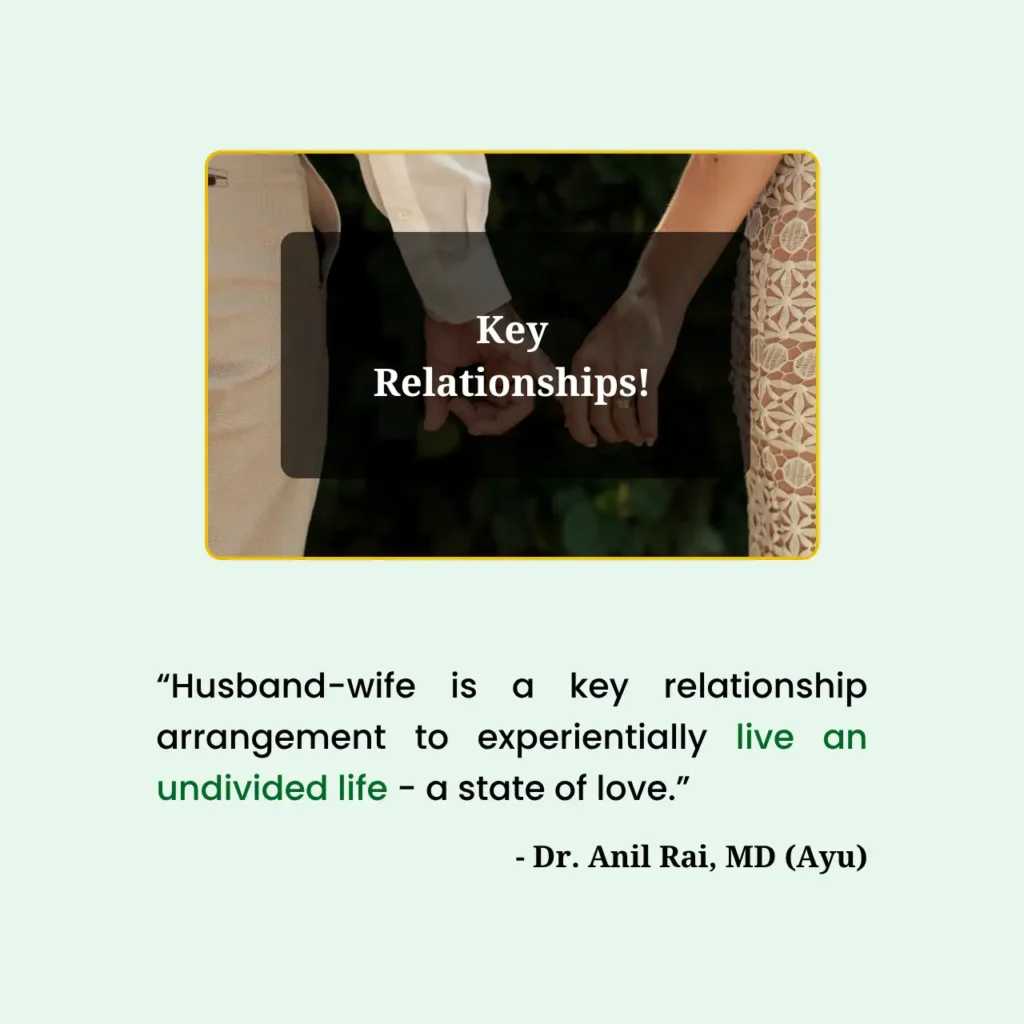 Husband and wife holding fingers together reflecting their friendly relationship. Includes a quote by Dr. Anil Rai, MD (Ayu) on key relationships and living an undivided life.