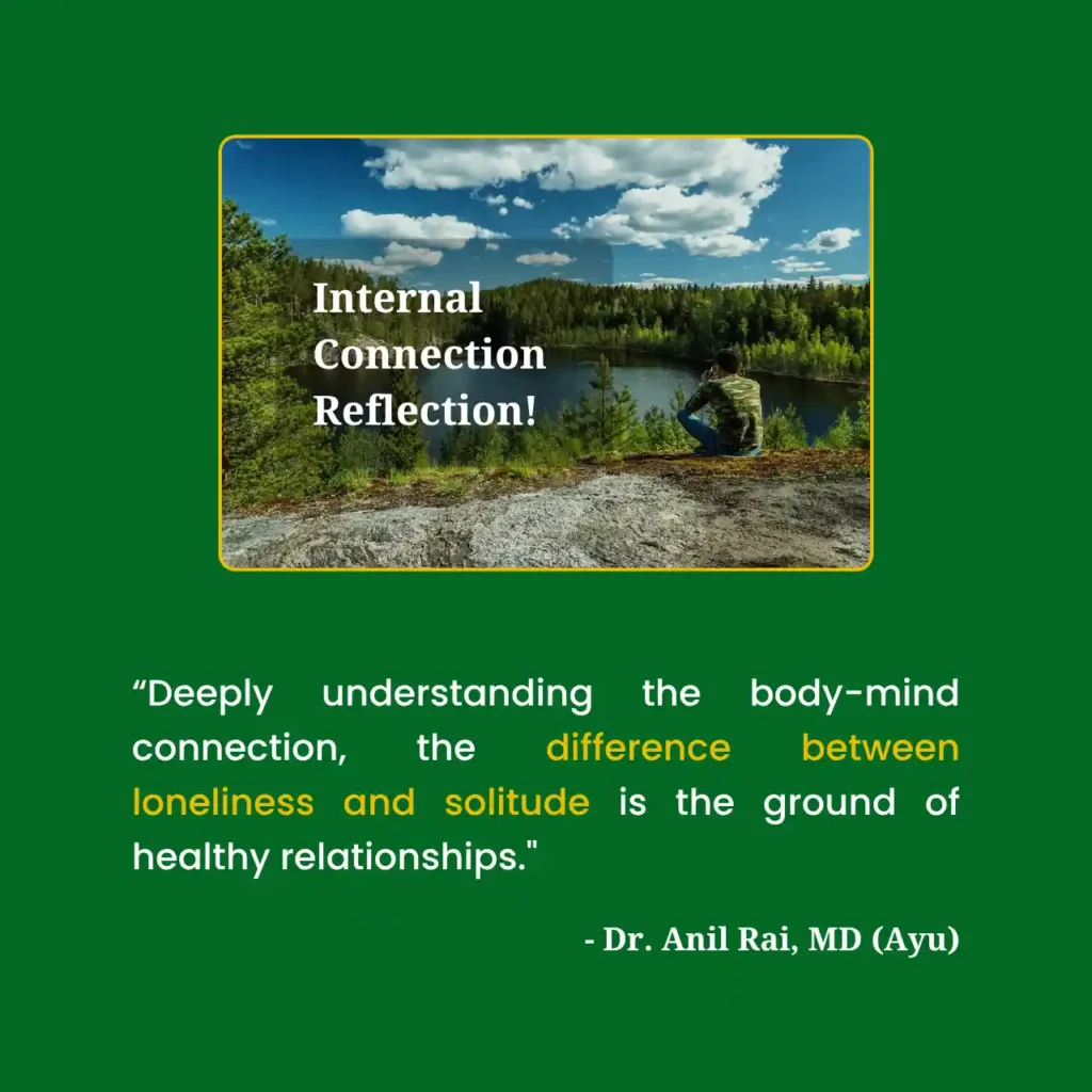 Man sitting in an open space beside a lake for internal connection reflection. Includes a quote by Dr. Anil Rai, MD (Ayu) on understanding the body-mind connection, loneliness, and solitude.