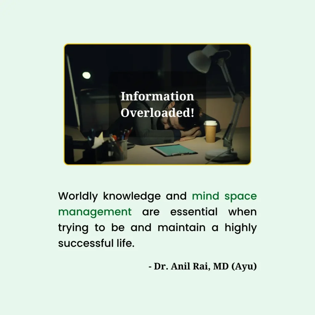 Information overloaded professional with head on a desk. Includes a quote by Dr. Anil Rai, MD (Ayu) on the importance of mind space management and worldly knowledge for a highly successful life.