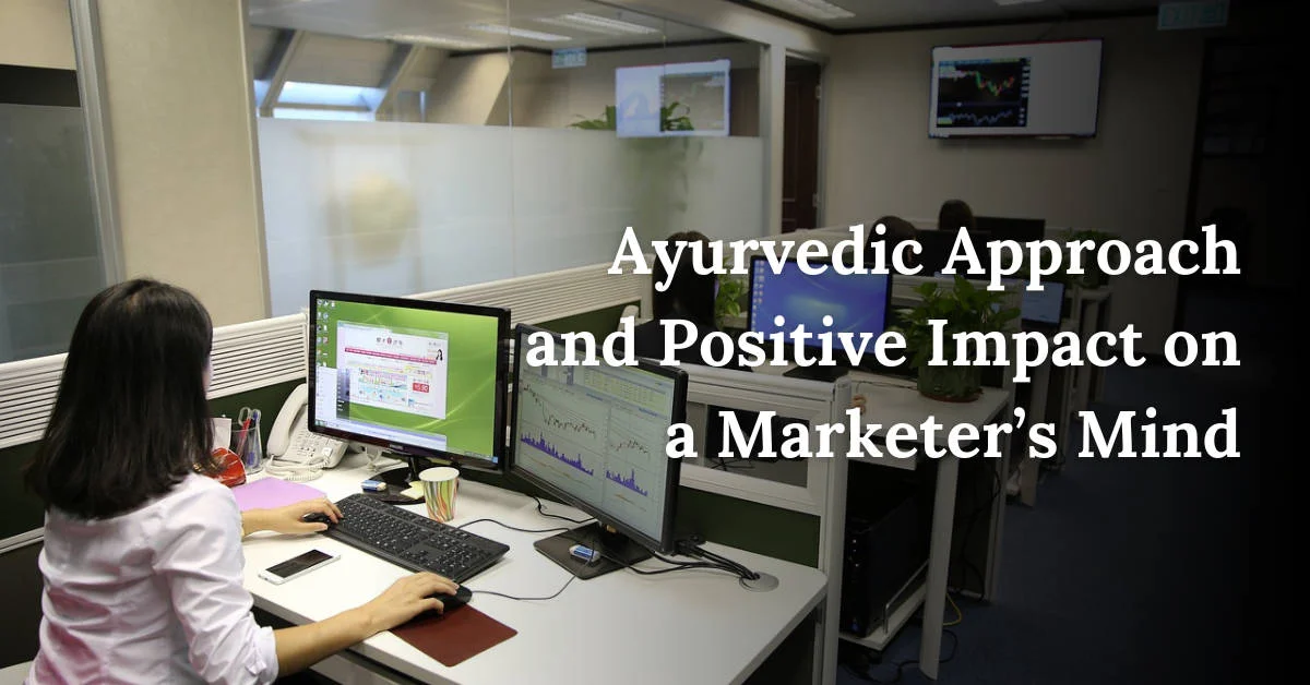 image-of-a-female-marketer-working-on-a-computer-and-text-related-ayurvdic-impact-on-the-mind Image of a professional marketer working on a computer stressfully and the image contains text over it.
