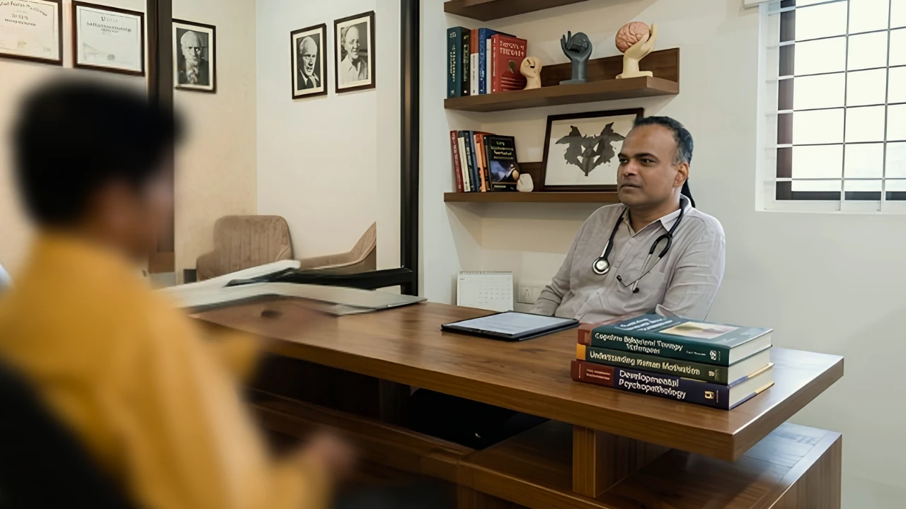 Photo of Dr Anil Rai providing clinical consultation to a male client. 